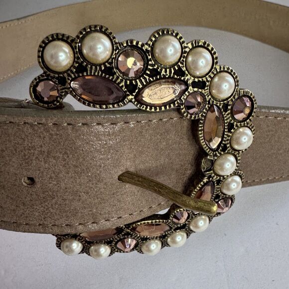 Western Leatherock Cowgirl Tan Belt Rhinestones Bling Crystals Pearl Western L main image 6